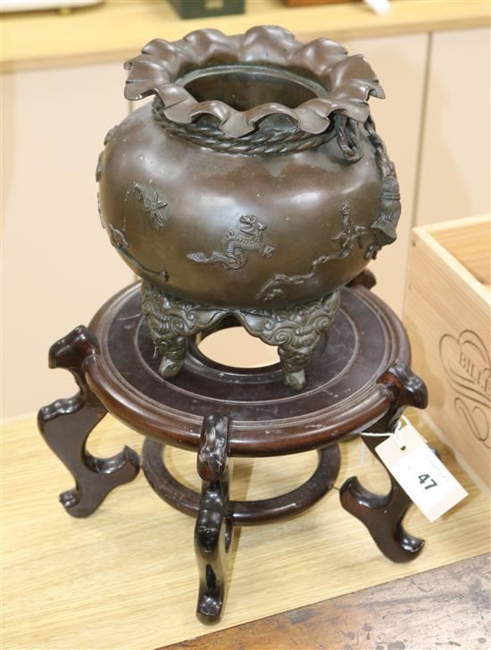A Japanese bronze incense burner and stand
